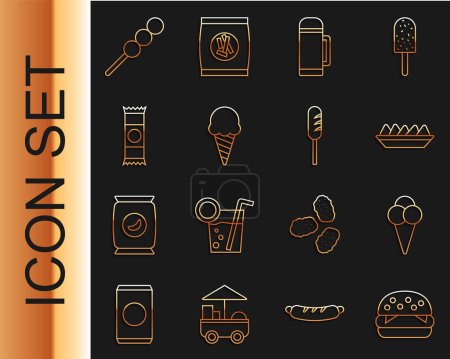 Set line Burger, Ice cream in waffle cone, Nachos plate, Thermos container, Chocolate bar, Meatballs wooden stick and Fried sausage icon. Vector