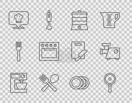 Illustration for Set line Electric mixer, Frying pan, Slow cooker, Crossed fork and spoon, Chef hat with location, Oven, Plate and Kitchen meat grinder icon. Vector - Royalty Free Image