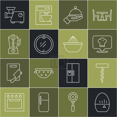 Illustration for Set line Kitchen timer, Wine corkscrew, Chef hat with location, Covered tray, Cutting board, Blender, meat grinder and Citrus fruit juicer icon. Vector - Royalty Free Image