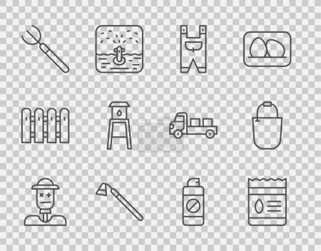 Set line Scarecrow, Pack full of seeds of plant, Garden worker clothes, hoe, pitchfork, Water tower, sprayer fertilizer and Bucket icon. Vector