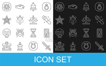Illustration for Set line Medieval sword, Tarot cards, Bottle with potion, Ringing alarm bell, Christian cross, Pentagram, circle and Libra zodiac icon. Vector - Royalty Free Image