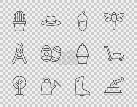 Set line Forest, Garden hose, Acorn, Watering can, Cactus peyote pot, Easter egg, Rubber gloves and Lawn mower icon. Vector