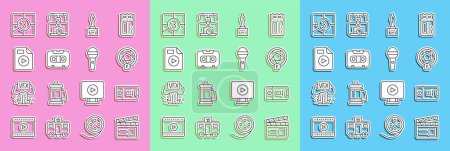 Illustration for Set line Movie clapper, Photo and video shooting, Camera shutter, trophy, Retro audio cassette tape, AVI file document, Old film movie countdown frame and Microphone icon. Vector - Royalty Free Image