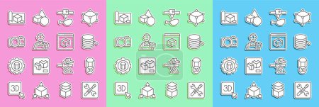 Illustration for Set line 3D printer setting, Filament for, chicken leg, Graphic designer, Photo camera, Graphing paper engineering and  icon. Vector - Royalty Free Image