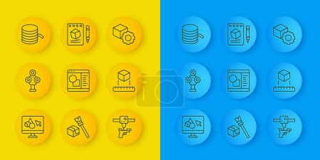 Illustration for Set line 3D printer software, scanner, gun, Isometric cube, Filament for,  and Sketch on paper icon. Vector - Royalty Free Image