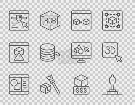 Illustration for Set line 3D printer software, model, perfect copy, Isometric cube, setting, Filament for, services and  icon. Vector - Royalty Free Image