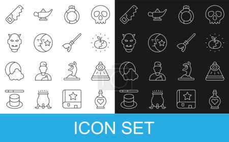 Set line Bottle with love potion, Masons, Poison apple, Magic stone ring gem, Moon and stars, Mask of the devil horns, Hand saw and Witches broom icon. Vector