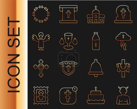 Set line Krampus, heck, Christian cross, God's helping hand, Church building, chalice, Angel, Crown of thorns and Holy water bottle icon. Vector