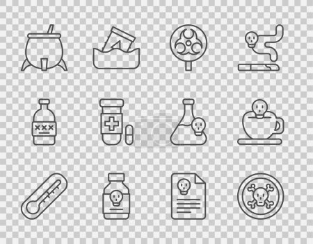 Illustration for Set line Thermometer, Bones and skull, Biohazard symbol, Poisoned pill, Witch cauldron, Antidote, Radiation warning document and Coffee cup with icon. Vector - Royalty Free Image