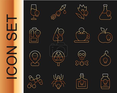 Set line Poisoned pill, Nuclear bomb, apple, flower, Beaker with toxic liquid, alcohol and Coffee cup skull icon. Vector