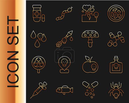 Set line Poisonous spider, Bottle with potion, Chemical formula, cloud of gas smoke, the arrow, Acid rain, Antidote and Fly agaric mushroom icon. Vector