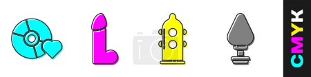 Illustration for Set Adult label on compact disc, Dildo vibrator, Condom and Anal plug icon. Vector. - Royalty Free Image