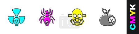 Set Araña radiactiva, venenosa, máscara de gas e icono de manzana. Vector