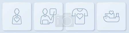 Set line Volunteer, Clothes donation, Teacher and Humanitarian ship. White square button. Vector