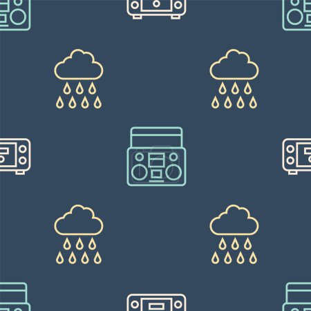 Ilustración de Set line Videoconsola portátil, Cloud con lluvia y Home estéreo dos altavoces en patrón sin fisuras. Vector - Imagen libre de derechos