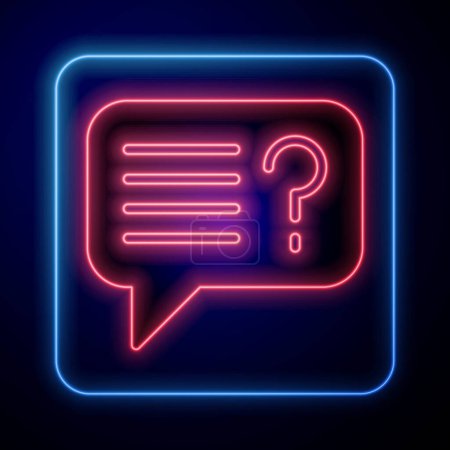 Glowing neon Unknown search icon isolated on black background. Magnifying glass and question mark.  Vector