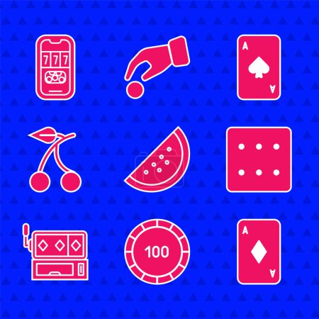 Conjunto de Casino de la máquina tragaperras con sandía, fichas, Jugar a los diamantes de cartas, Juego de dados, Ranura, cereza, picas y poker torneo icono de invitación. Vector