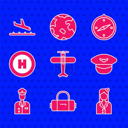 Illustration for Set Plane, Suitcase, Stewardess, Pilot hat, Helicopter landing pad, Compass and  icon. Vector - Royalty Free Image