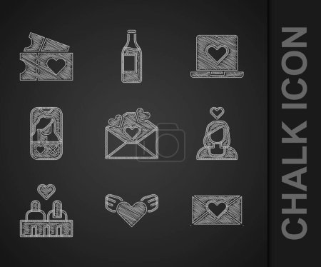 Set Envelope with Valentine heart, Heart wings, Couple love, Dating app online,  and Love ticket icon. Vector