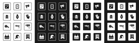 Set Police megaphone, Human target sport for shooting, Flasher siren, Evidence bag with bullet, Plastic ziplock, report, electric shocker and Whistle icon. Vector