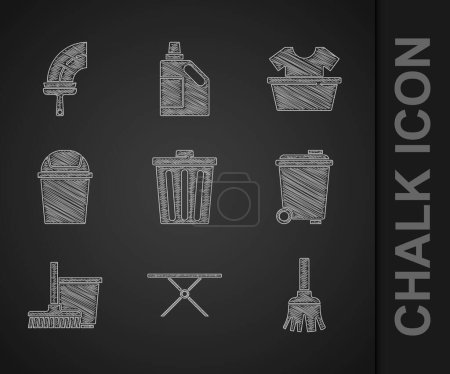 Set Mülleimer, Bügelbrett, Feder-Besen, Wischmopp und Eimer, Waschbecken mit Hemd und Gummireiniger für Fenster-Symbol. Vektor