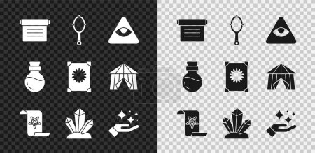 Set Ancient magic book, Magic hand mirror, Masons, stone, Sparkle stars with trick, Bottle potion and  icon. Vector