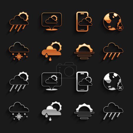 Set Cloud mit Regen und Sonne, Wassertropfen Prozentsatz, Sonnenaufgang, Schnee, Wettervorhersage und Standort Wolkensymbol. Vektor