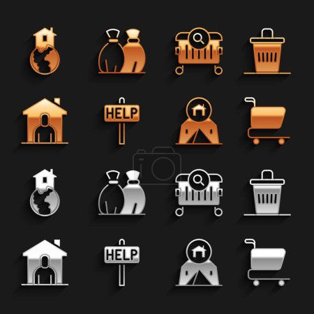 Set Ask for help text, Trash can, Shopping cart, Tourist tent, Shelter homeless, Searching food,  and Garbage bag icon. Vector