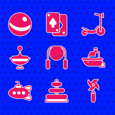 Set Jump rope, Pyramid toy, Pinwheel, Toy boat, Submarine, Whirligig, Roller scooter and Beach ball icon. Vector
