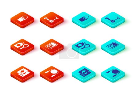 Set Playing cards, Jump rope, Soap bubbles bottle, Tetris electronic game, Roller scooter and Sand bucket icon. Vector