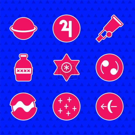 Set Falling star, Full moon, Sagittarius zodiac, Cancer, Planet, Bottle of water, Telescope and Saturn icon. Vector