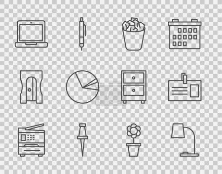 Set line Printer, Table lamp, Full trash can, Push pin, Laptop, Pie chart infographic, Flower pot and Identification badge icon. Vector