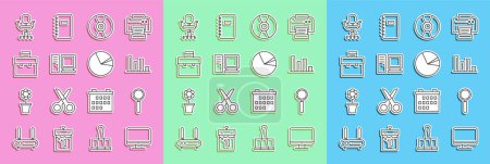 Set line Computer monitor screen, Magnifying glass, Pie chart infographic, CD DVD disk, Briefcase, Office chair and  icon. Vector