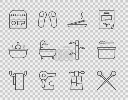 Set line Towel on a hanger, Knitting needles, Scented spa stick, Hair dryer, Cream or lotion cosmetic tube, Bathtub, Perfume and Sauna bucket and ladle icon. Vector