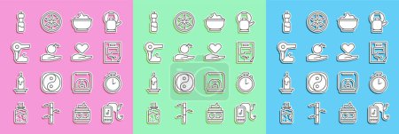 Set line Music player, Stopwatch, Leaf document, Sea salt in bowl, Apple hand, Hair dryer, Bottle of water and Heart on icon. Vector