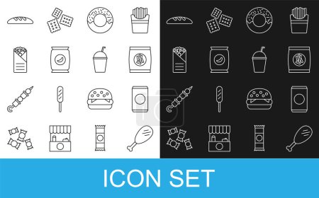Set line Chicken leg, Soda can with straw, Hard bread chucks crackers, Donut, Bag or packet potato chips, Doner kebab, Bread loaf and Milkshake icon. Vector