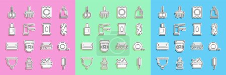 Illustration for Set line Sanitary tampon, Dental floss, Sponge, Condom in package safe sex, Water tap, Bottle for cleaning agent, Nail scissors and Wet wipe icon. Vector - Royalty Free Image