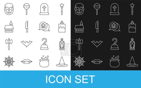 Set line Witch hat, Camping lantern, Burning candle, Tombstone with cross, Knife, Castle, Skull and Pumpkin icon. Vector