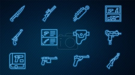 Set line Hunting gun, UZI submachine, Trap hunting, Weapon catalog, Revolver, Military knife, Gun holster and  icon. Vector
