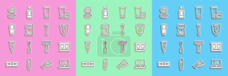 Illustration for Set line Makeup powder with mirror, Eye shadow palette, Epilator, Cream lotion cosmetic tube, Antiperspirant deodorant roll, Pumice for feet,  and brush icon. Vector - Royalty Free Image