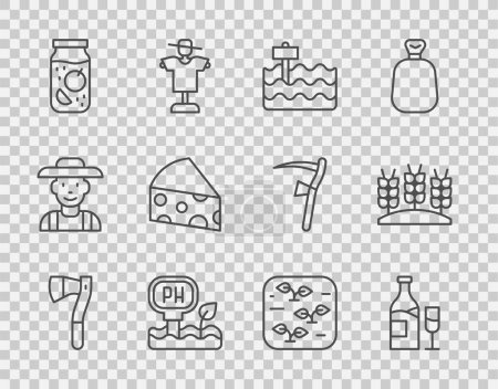 Set Linie Holzbeil, Weinflasche mit Glas, Gartenbeet, Boden-ph-Prüfung, Marmeladenglas, Käse, Pflanzen-und Weizensymbol. Vektor
