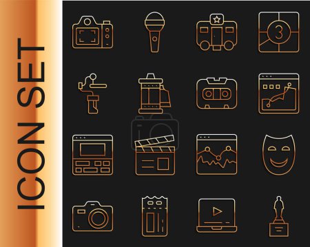 Illustration for Set line Movie trophy, Comedy theatrical mask, Histogram graph photography, Actor trailer, Camera roll cartridge, Gimbal stabilizer for camera, Photo and Retro audio cassette tape icon. Vector - Royalty Free Image