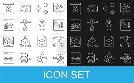 Illustration for Set line 3D printer warning, car, software, Isometric cube, house,  and  icon. Vector - Royalty Free Image