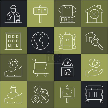 Set line Trash can, Donation hand with money, Search house, Clothes donation, Global economic crisis, Multi storey building, Homeless and Hiking backpack icon. Vector