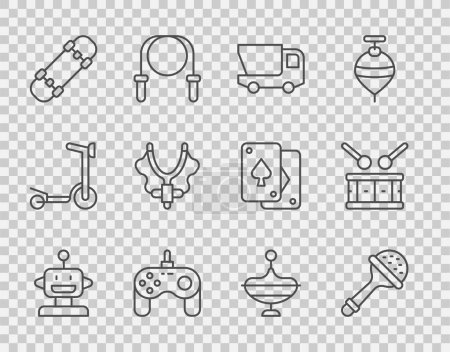 Ilustración de Set line Robot toy, Rattle baby, Toy truck, Gamepad, Skateboard, Slingshot, Whirligig y Drum con barra de tambor icono. Vector - Imagen libre de derechos