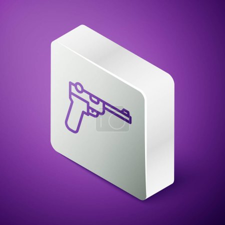 Isometric line Mauser gun icon isolated on purple background. Mauser C96 is a semi-automatic pistol. Silver square button. Vector.
