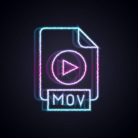 Glowing neon line MOV file document. Download mov button icon isolated on black background. MOV file symbol. Audio and video collection.  Vector.
