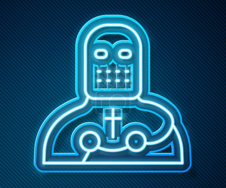 Illustration for Glowing neon line Knight crusader icon isolated on blue background.  Vector. - Royalty Free Image