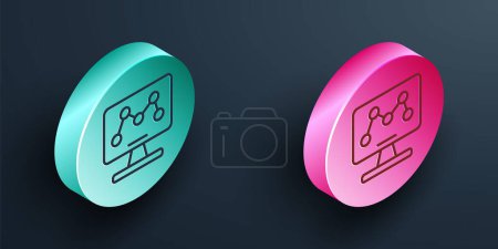 Illustration for Isometric line Genetic engineering modification on laptop icon isolated on black background. DNA analysis, genetics testing, cloning. Turquoise and pink circle button. Vector - Royalty Free Image