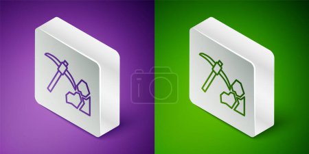 Isometric line Gold mining icon isolated on purple and green background. Silver square button. Vector
